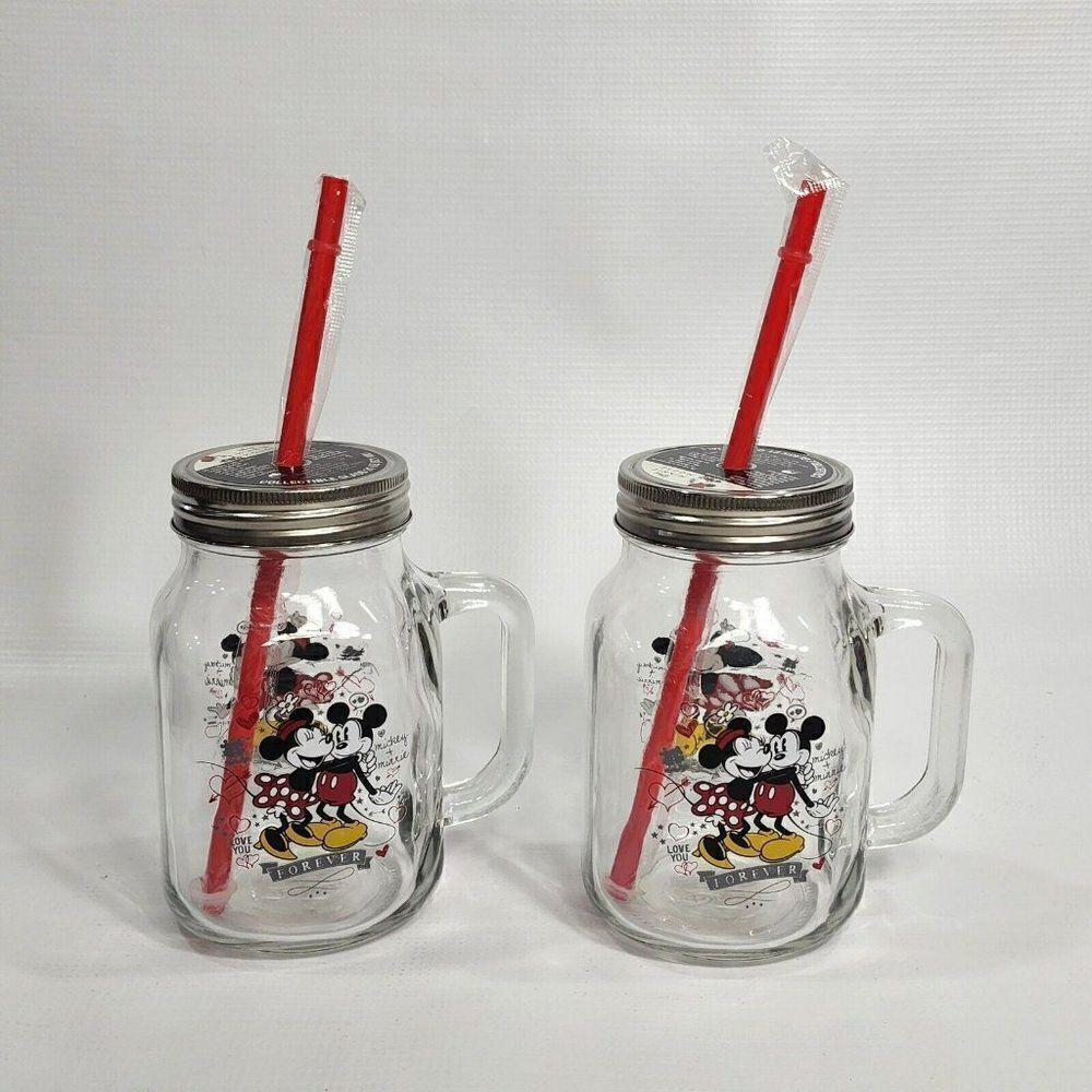 2 Disney Collectible 21 oz Glass Mason Jar Minnie & Mickey ❤️Forever w Straw Lid